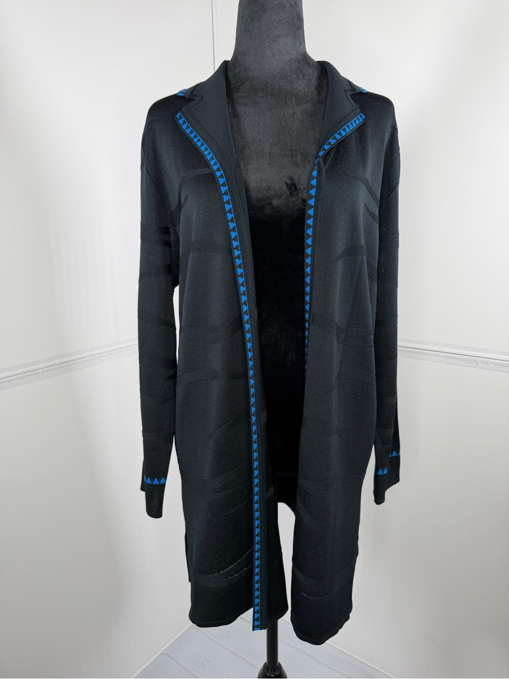 Ming Wang Black Long Open Cardigan Sweater Blue Trim Size Large